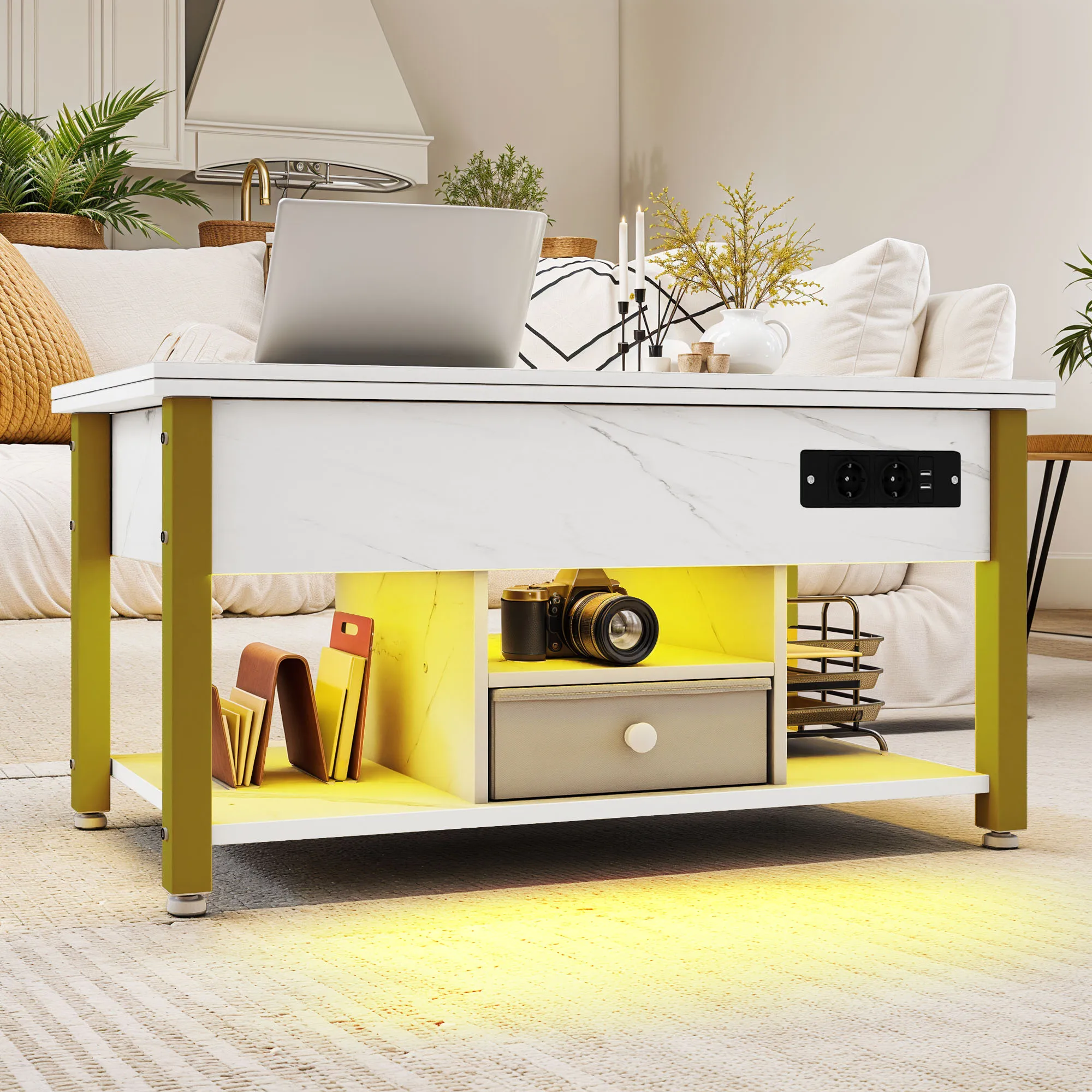 YITAHOME Table basse 4 en 1 en marbre blanc – Hauteur réglable, convertit en table à manger avec rangement et éclairage LED