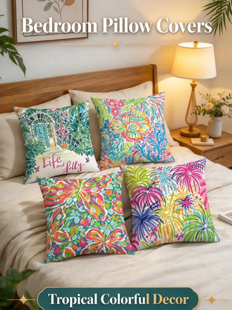 VIKAMA New Arrival Tropical Pillow Covers  , Colorful Floral Butterfly Decorative Cushion Cases, Bright Throw Pillowcases for So