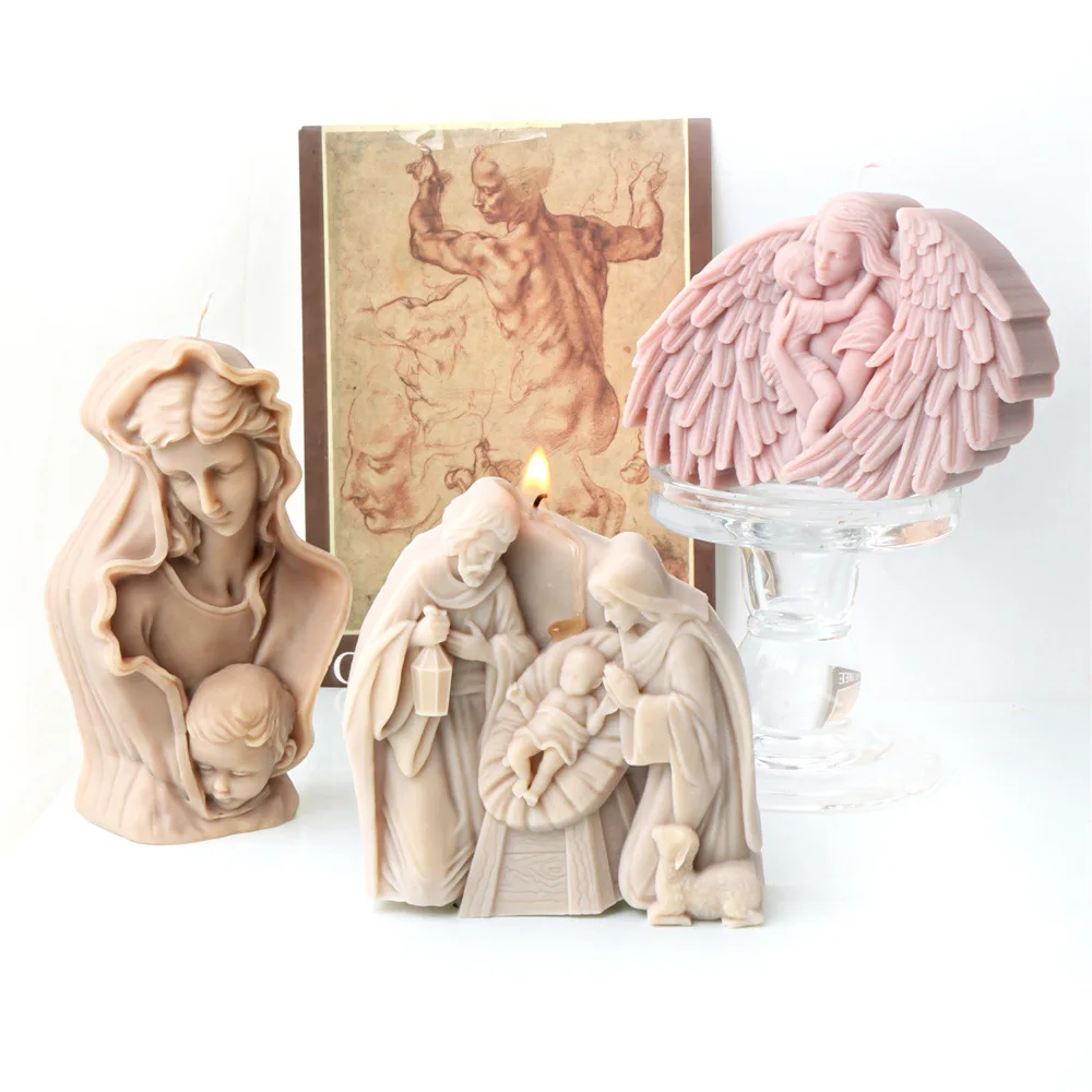 

Virgin Mary with Kid Sculpture Candle Silicone Mold Handmade Angel Mom with Baby Portrait Scented Candle Gypsum Mould Decor Gift