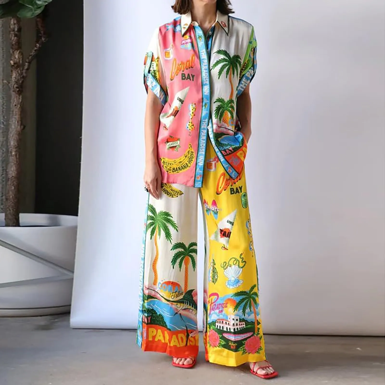 Printed Summer Leisure set Vacation Women\'S Two-Piece Short Sleeved Shirt Top And Pants Set Sports suit Home Set Pajamas Women