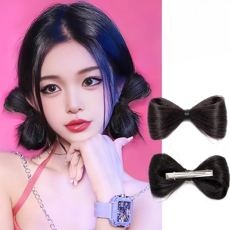 2 Pcs Children\'s New Korean Fashion Bow Ball Hair Clip Girls Go Out Cute Simulation Hair Hottie Lazy Hair Fluffy Magic Wig