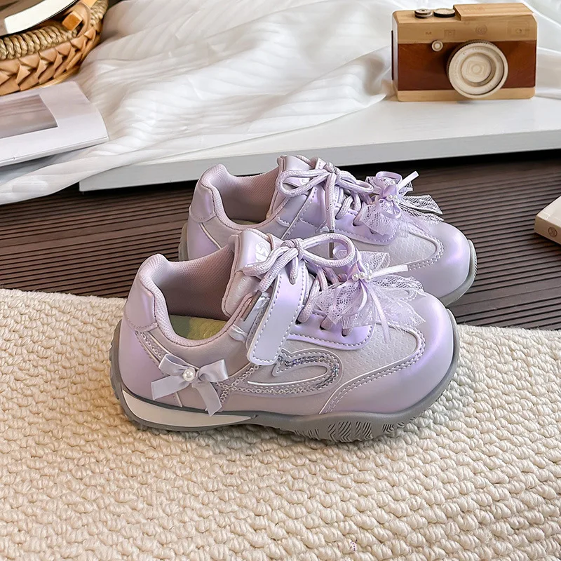 Kids'Casual Shoes PU Leather Flower Fashion Autumn Flat Bottom Shoes For Children Anti-slip Breathable Silver Pink Size 26-37