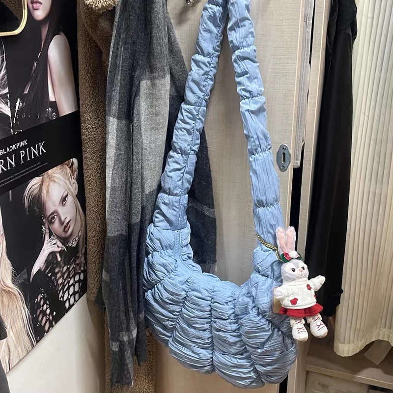 Korean Casual Half Moon Bags For Women Luxury Designer Handbag And Purses 2024 New In Polyester Embroidery Ruched Cloth Shoulder