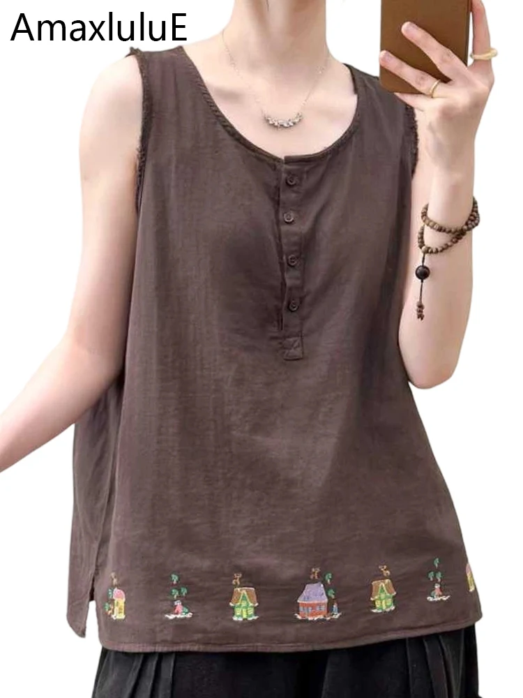 Amax LuluE Summer Fashion Tops Womens Embroidery Loose Sleeveless T-shirts Ladies Luxury Elegant Casual Cartoon Cotton Tank Tees