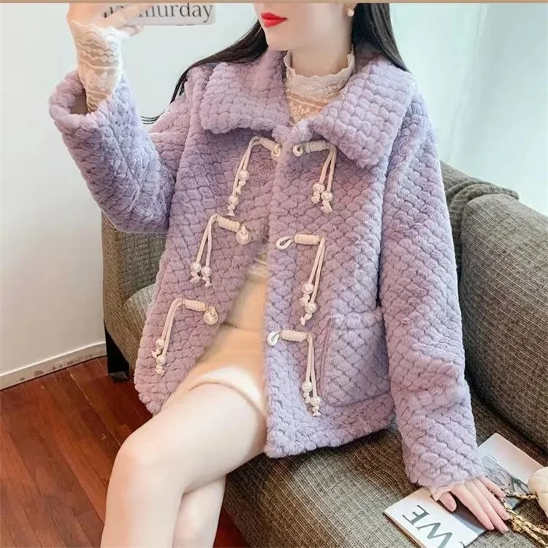 Xiaoxiangfeng-Chaqueta de lana de cordero para mujer, abrigo grueso y cálido de piel sintética integrada, estilo corto, invierno, 2024