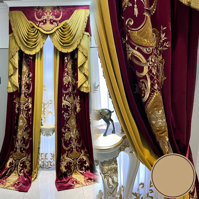 American velvet embroidery wine red cloth blackout curtain valance drape C1455