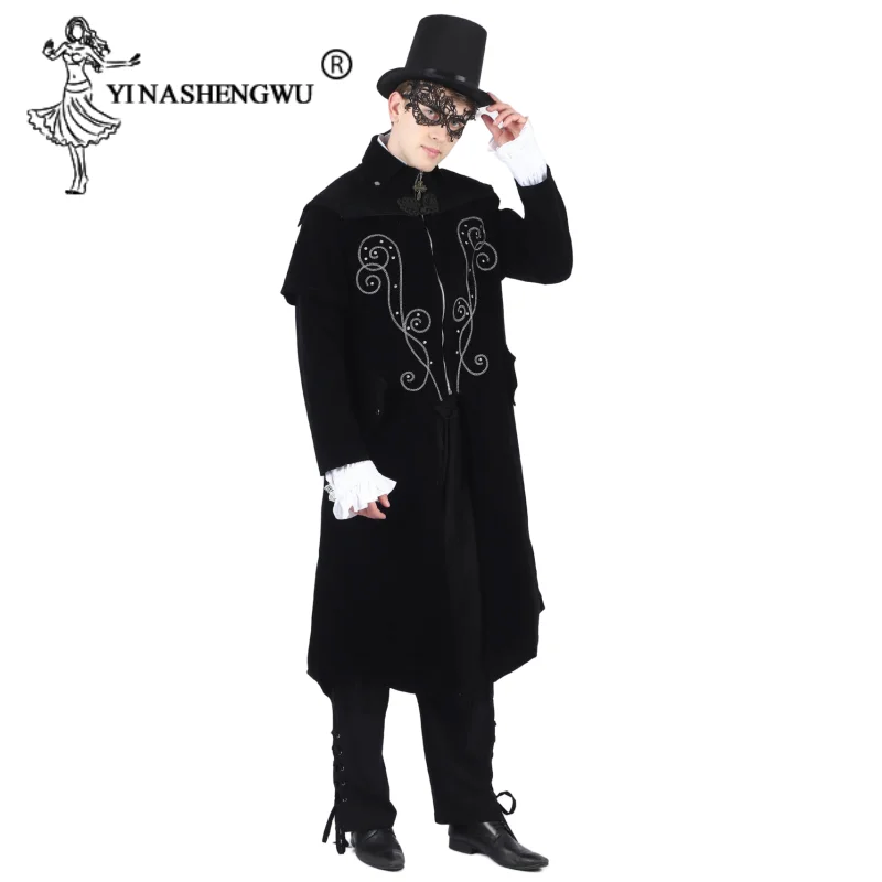 Medieval Retro Costume Men Coat Court Tuxedo Magician Stage Performance Gentleman Vampire Clothes Halloween Suit Prop Mask Hat