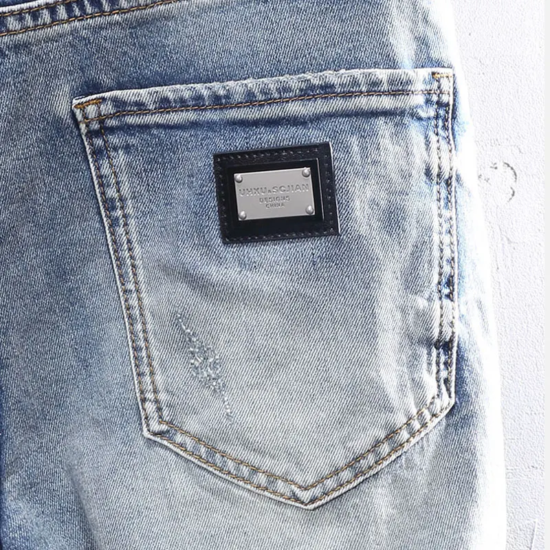 Street Fashion Men Jeans High Quality Retro Blue Stretch Slim Fit Ripped Jeans Men Patched Designer Vintage Denim Pants Hombre
