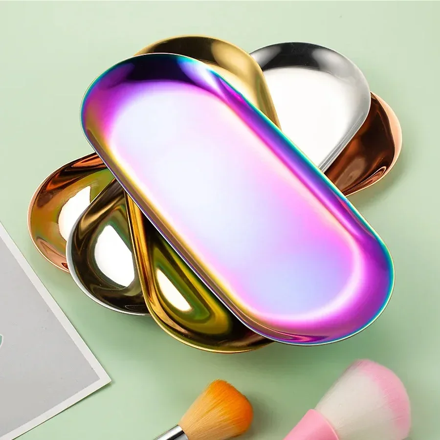 Bandeja oval de aço inoxidável, armazenamento de joias para manicure, organizador de cosméticos de metal para exibição de arte em unhas, bolo, frutas, sobremesa, servir