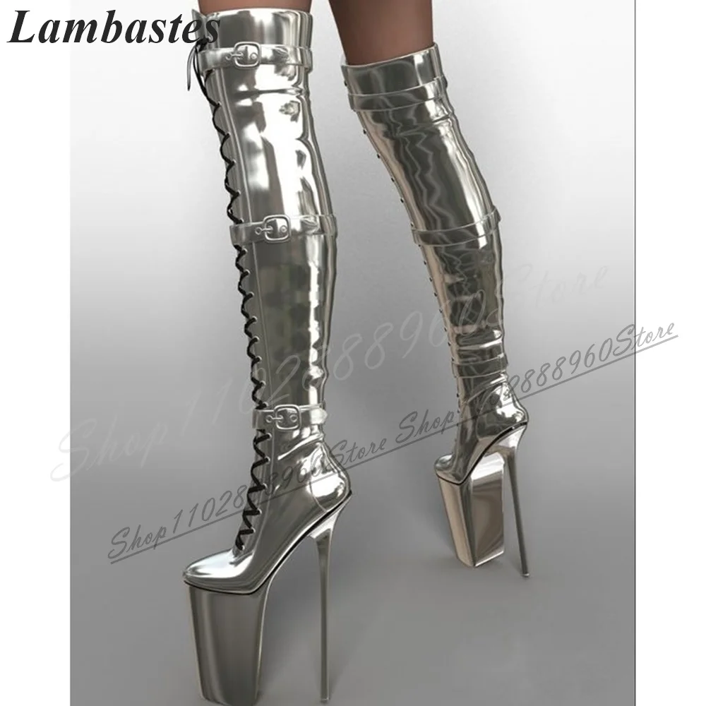 

Stylish Over The Knee Silver Leather Buckle Strap Boots Thin High Heel Women Shoes Pointed Toe 2024 Fashionable Zapatillas Mujer