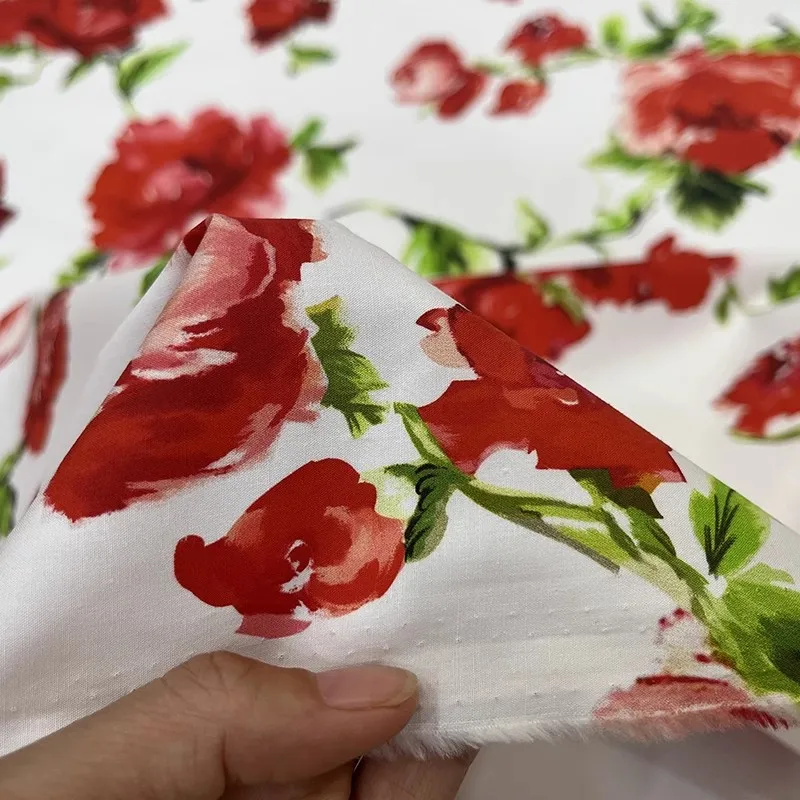 Europe And America Fashion Red Flower Printed Thick Cotton Fabric For Women Dress Blouse Handmade DIY Cloth Sewing