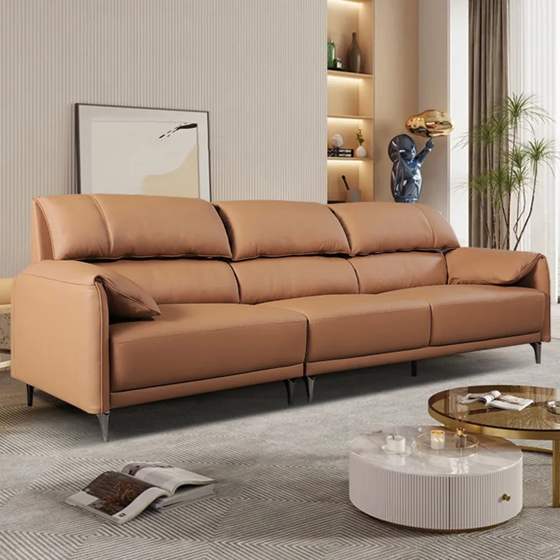Canapé italien minimaliste en cuir de vache, première couche, petit appartement, salon, poteau d'oreille d'éléphant, canapé à dossier haut