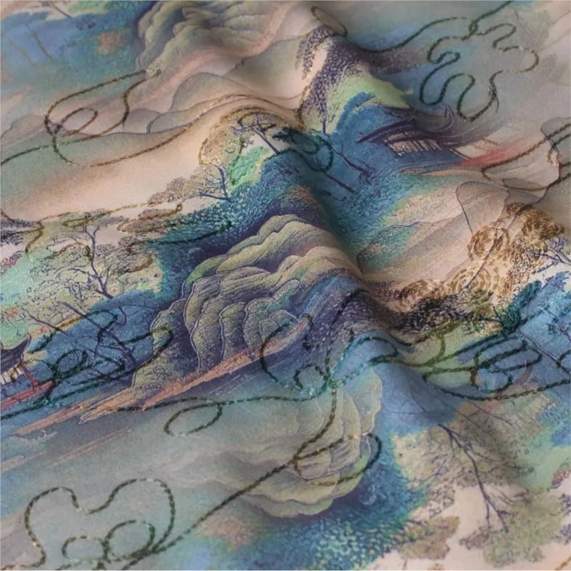النمط الصيني التقليدي ألف ميل من الأنهار والجبال، قماش مطبوع مطرز باللؤلؤ، شاش كلاسيكي معطر بالحبر #3