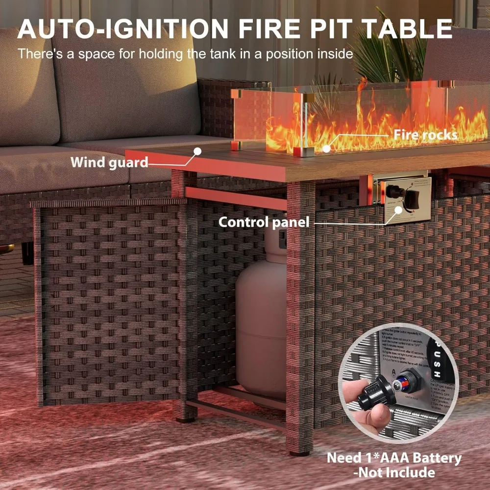 Fire Pit Table with Wind Guard for Outdoor, Auto-Ignition Propane Gas Firepits Rattan Rectangular Table for Outside Patio 60,000