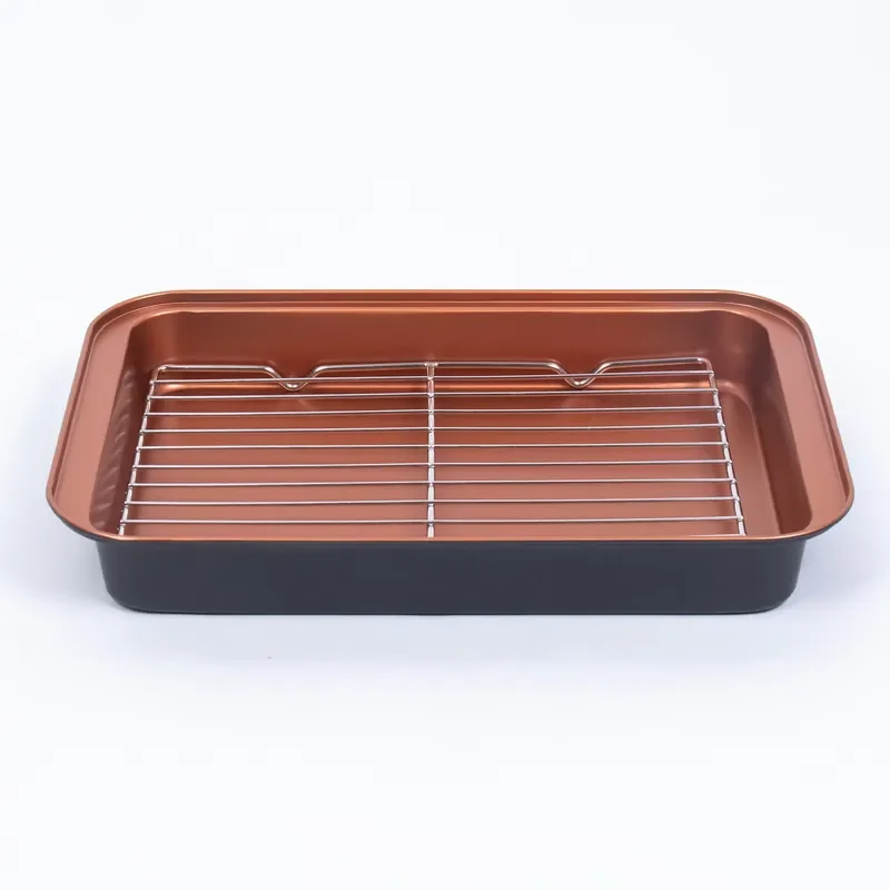 36cm Rectangular Carbon Steel Deep Non-stick Baking Pan with Grill for Roasting Chicken Two-color Design
