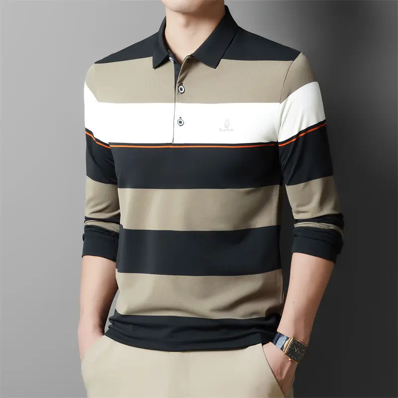 Men's Striped Knitted Sweater with a New Collar Middle-aged Casual Loose Long Sleeved Shirt