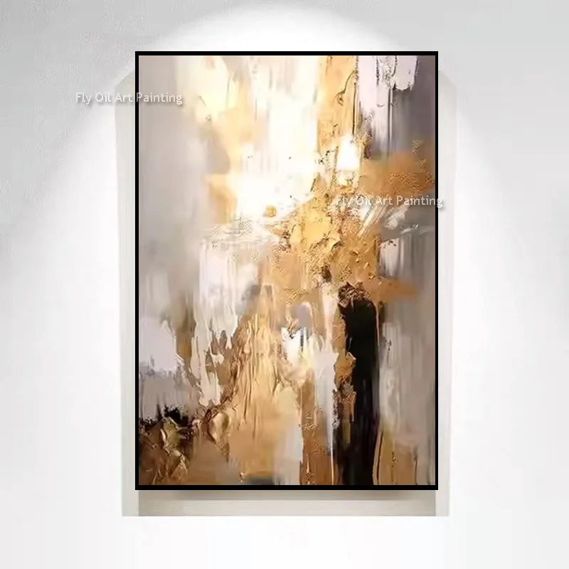 Luxury Gold Leaf Canvas Oil Painting Handmade Textured Impasto Grey White Golden Abstract Palette Knife Wall Art For Decor