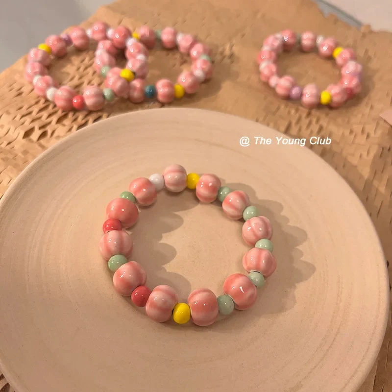 Ceramic Optimized Safflower Jade Round Beads Student Women's Single Circle Bracelet Pink and Tender Simple Girlfriend Handstring