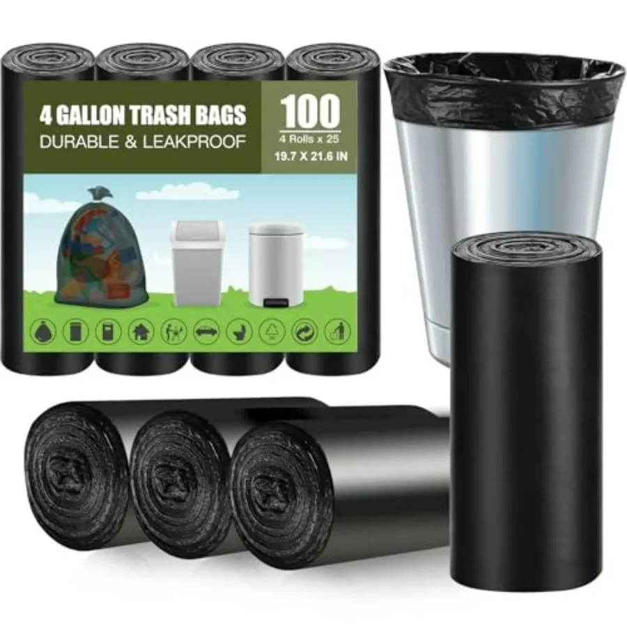 

Сверхпрочные и герметичные мешки для мусора на 4 галлона для кухни, ванной комнаты, спальни и офиса, 100 шт., черные мешки для мусора без запаха