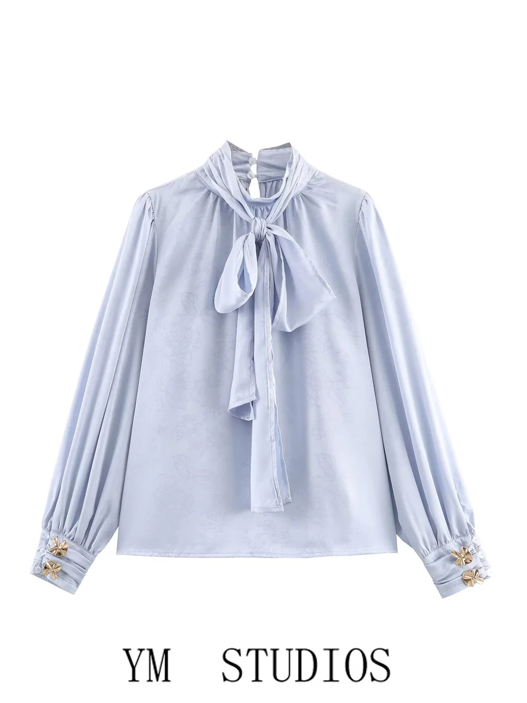 

Элегантная женская блузка свободного кроя с длинным рукавом, имитирующая атлас, с цветочной вышивкой и узлом, универсальный топ для женщин