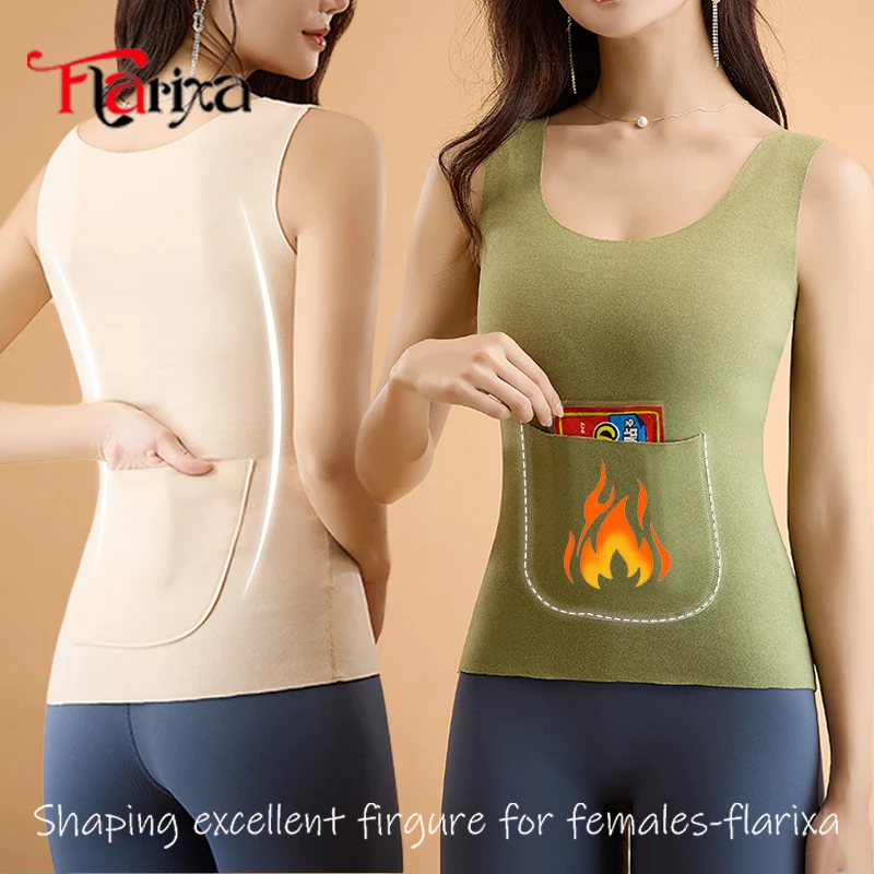 Flarixa 1 Stück Winter-Thermo-Unterwäsche-Weste für Damen mit Taschen, warme ärmellose Oberteile, bequeme Dessous, spurlos