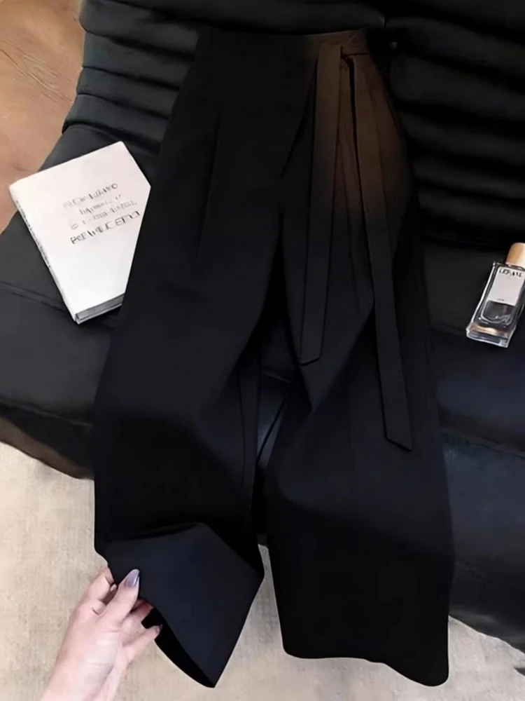 

High Waist Wide Leg Pants Women's Black Minimalist Style Belted Casual Trousers Spring Summer New Arrival Korean Fashion