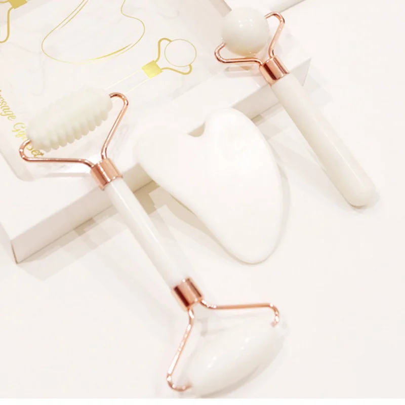 White Jade Roller Gua Sha 3Pcs Set, Large Ball & Spiky Double Head, Natural Stone Face Lifting Anti-Aging Massage Tool