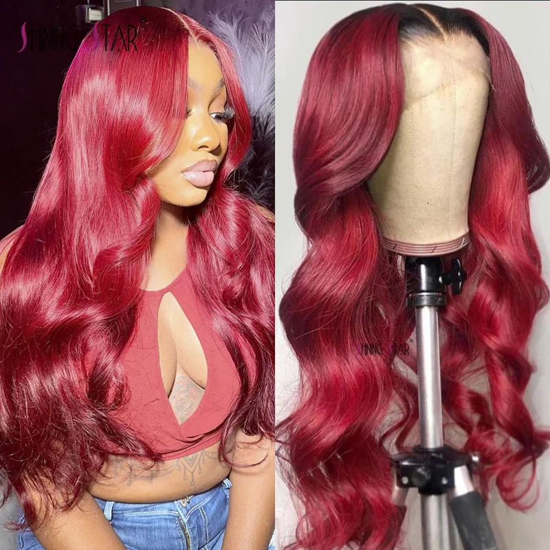 180% Body Wave Burgundy 13X6 Hd Lace Frontal Human Hair Wig For Women Colored Red 99J 13X4 Transparent Lace Front Wigs 32 34Inch