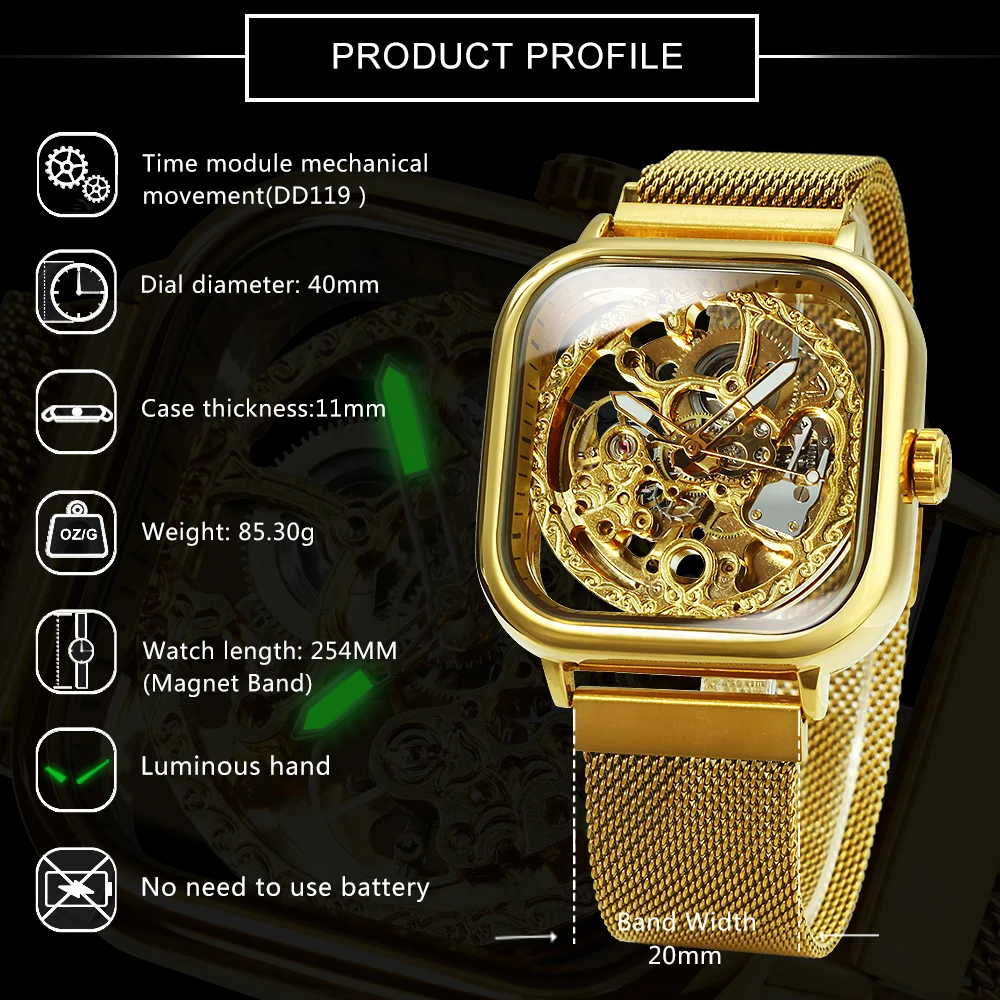 Forsining Luxury Square Skeleton Automatic Men Watch Retro Carved Movement Luminous Mesh Stainless Steel Band Mechanical Watches