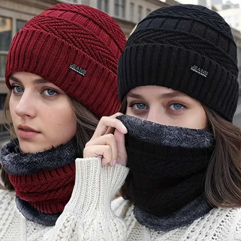 Winter Fleece Knitted Scarf Hats Plush Thick Velvet Warm Beanies Wool Knit Cap Men Women Cycling Cold Protection Neck Mask Cap