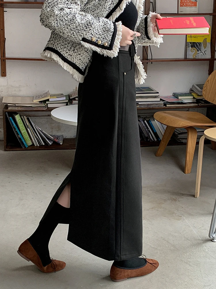 تنورة طويلة كلاسيكية عالية الخصر للسيدات 2025 تنانير صوفية شتوية دافئة مع حزام مستقيم سبليت لف ماكسي تنورة سوداء ورمادية للسيدات