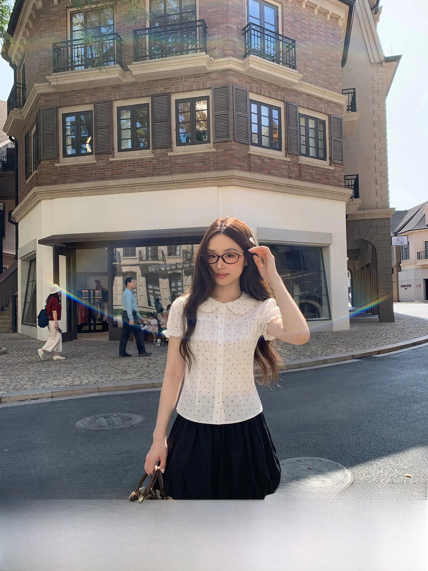 

Sweet Waist Cinching Polka Dot Bubble Sleeve Shirt Women's Short Sleeve Doll Collar Summer Slimming Top Elegant Style