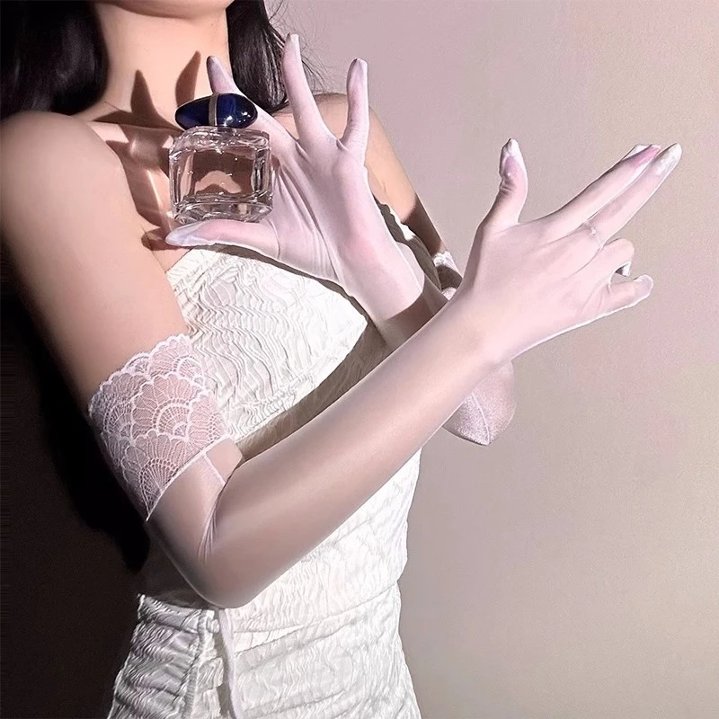 Anti-slip Lace Up Long Gloves Mittens Sexy Ultra Thin Oil Shiny Silky Transparent Party Gloves Women Erotic Accessories