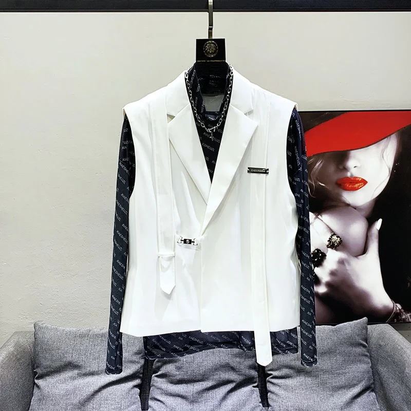 PFHQ 2023 Summer New Fashion Casual Men\'s 2 Pcs Set Solid V-neck Sleeveless Blazer Vests Straight Pants Sets Men Tide 21F3959