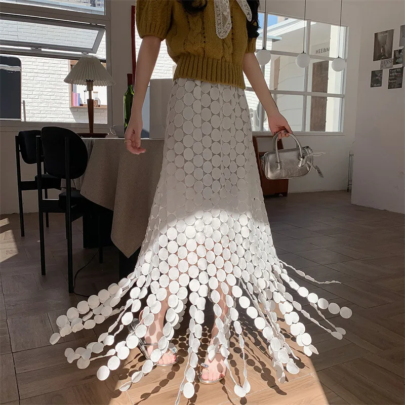 Streetwear Hollow Dotพู่กระโปรงผู้หญิง2025ฤดูร้อนใหม่ภาษาฝรั่งเศสคําสูงเอวข้อเท้าความยาวกระโปรงตรง