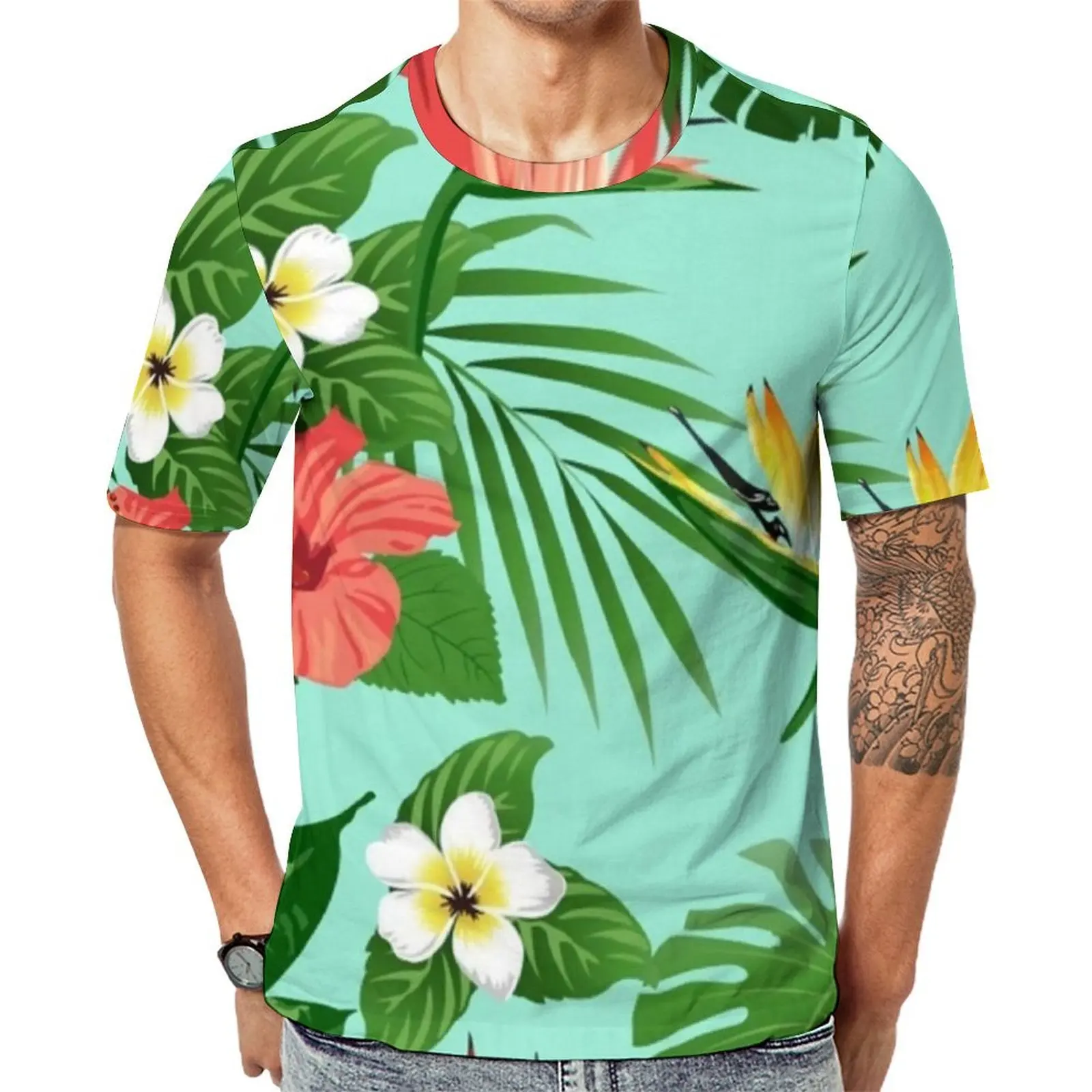 Gorgeous Tropical Floral T Shirt Men Hawaii Flower Graphic O Neck T-Shirts Summer Fashion Clothing Short Sleeve Plus Size Tees