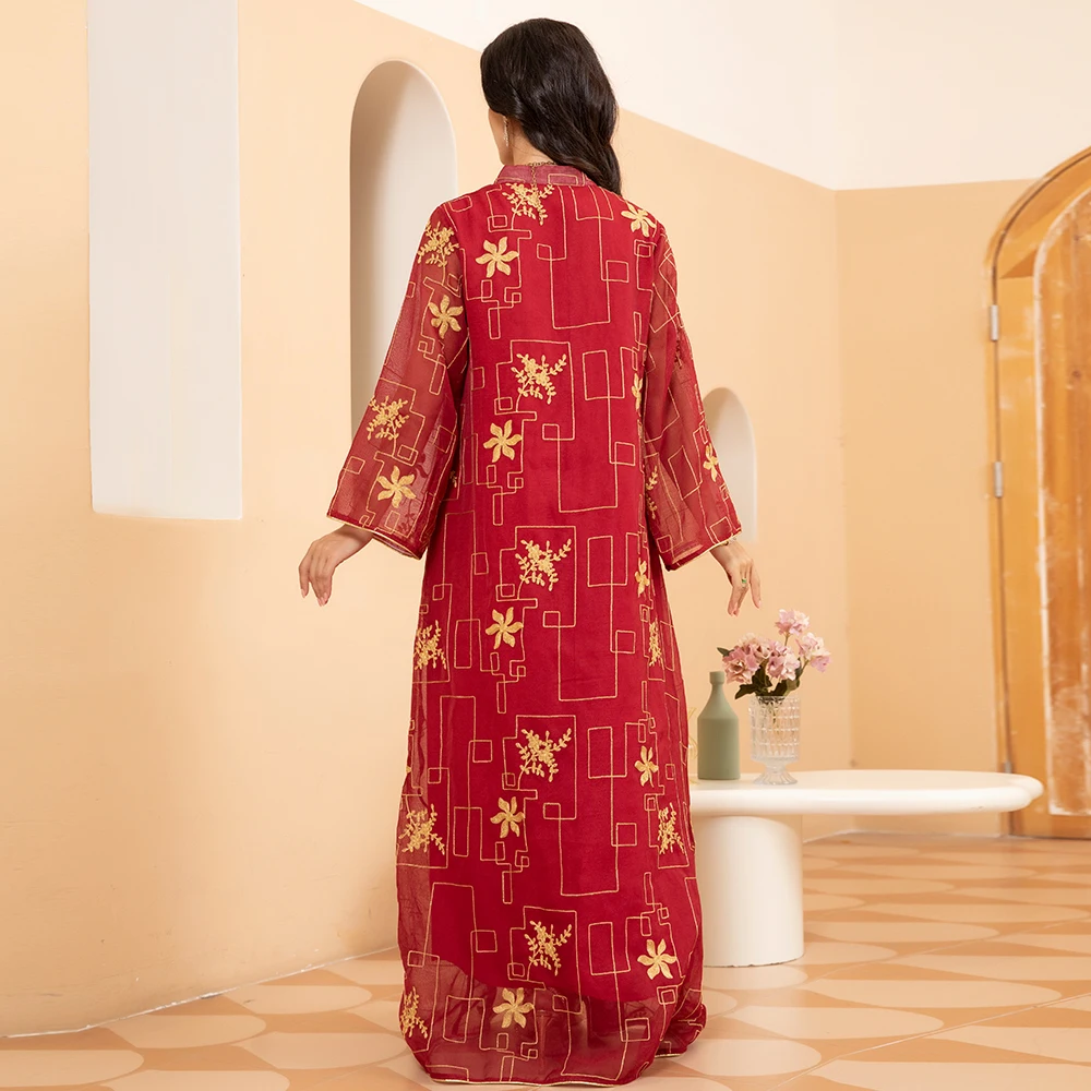 Fridayin Muslim Abaya V-neck Elegant Long Dresses For Women Embroider Flower Flared Sleeve Loose Skirts Kaftan for Ladies