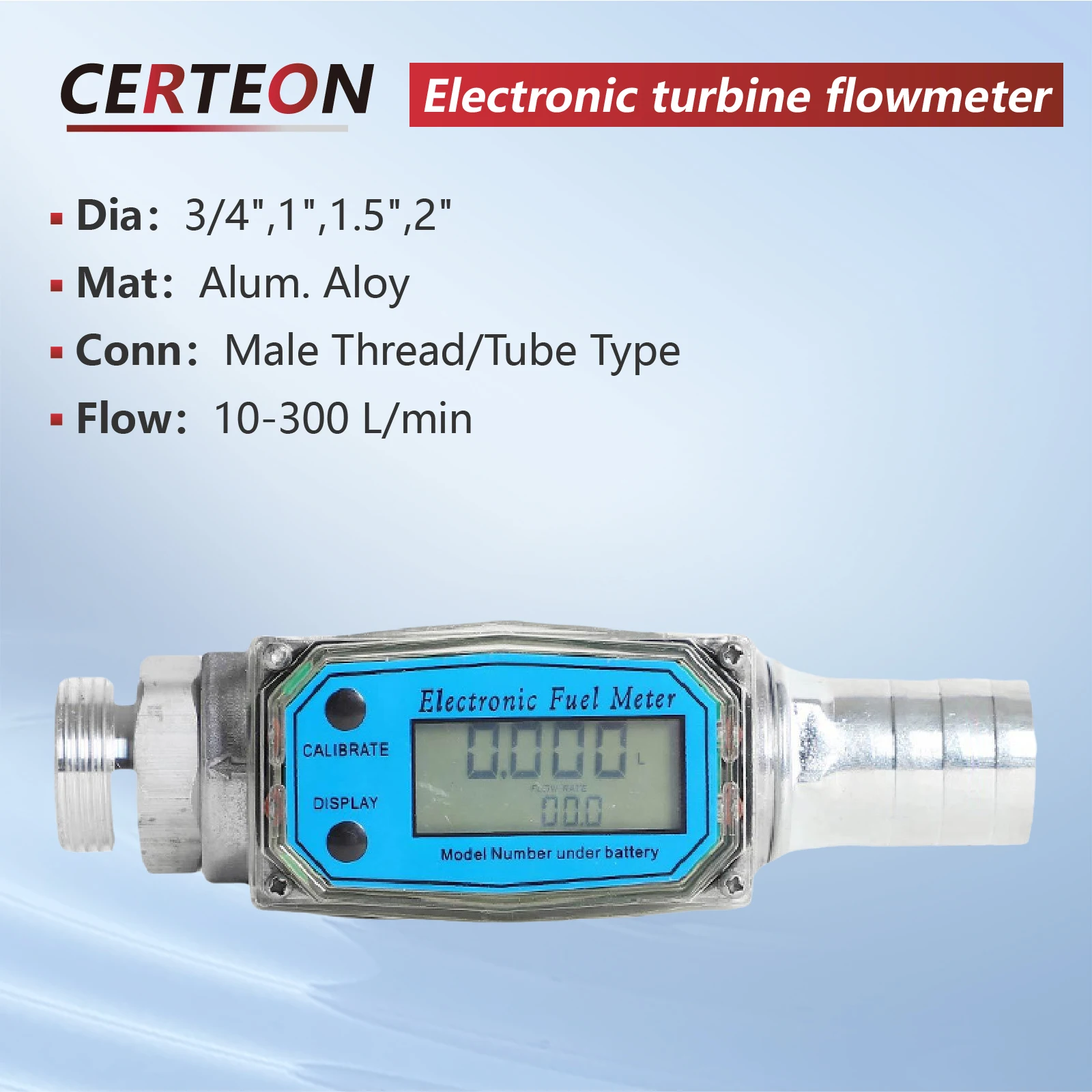 

Electronic Fuel Flow Meter for Water Diesel Gasoline Liquid Digital Turbine Flow Meter Aluminum 3/4Inch1Inch1.5Inch2Inch Thread
