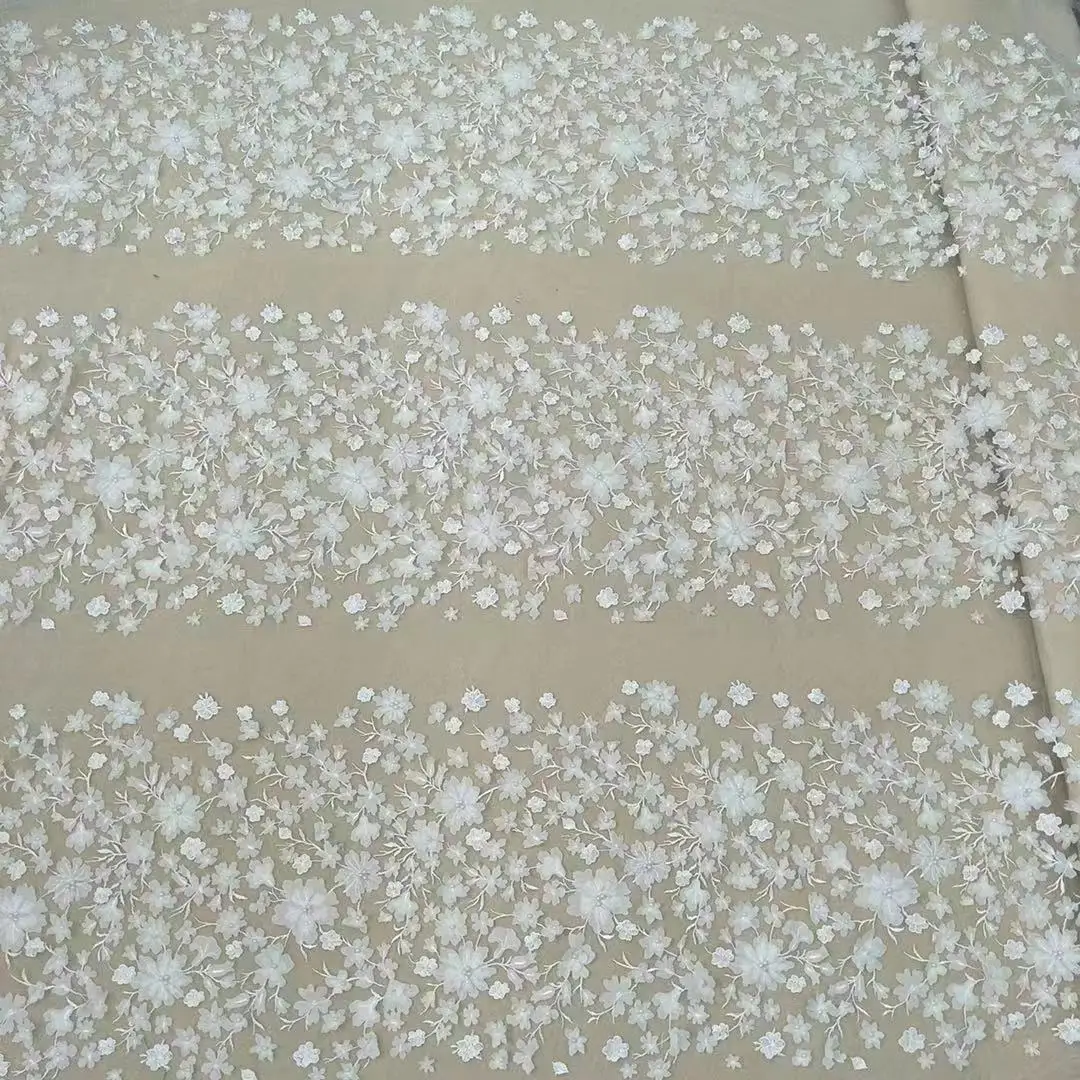 2024 Newest Handmade Flower Lace Fabric ivory color wedding dress lace with pearl sell by yard