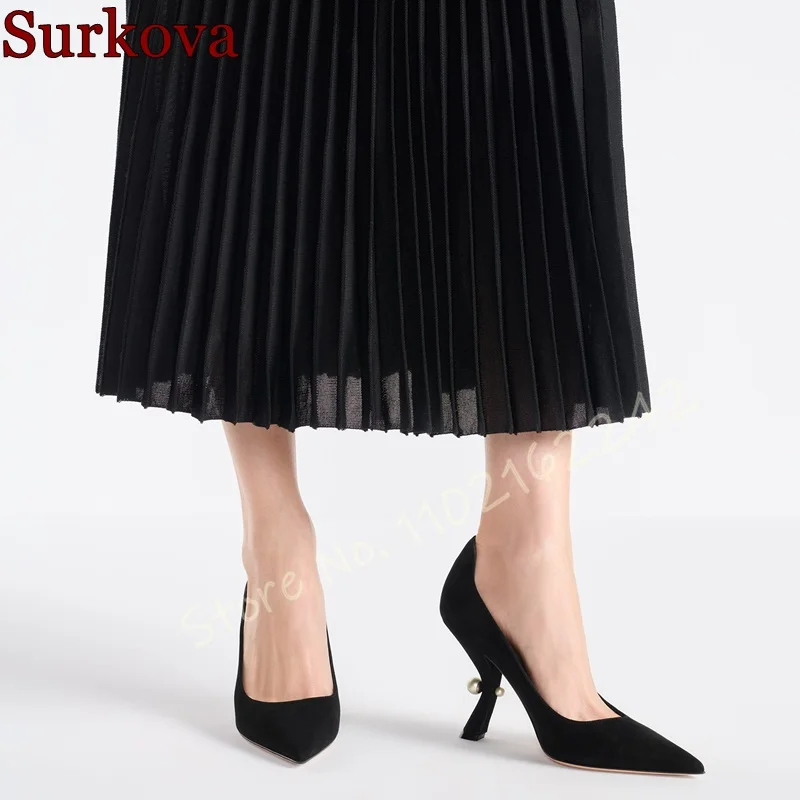 2025 Spring Women'S Suede Special-Shaped Pearl High Heels Pointed Toe Stiletto Pumps Women'S Shoes Elegant Banquet Dress Pumps