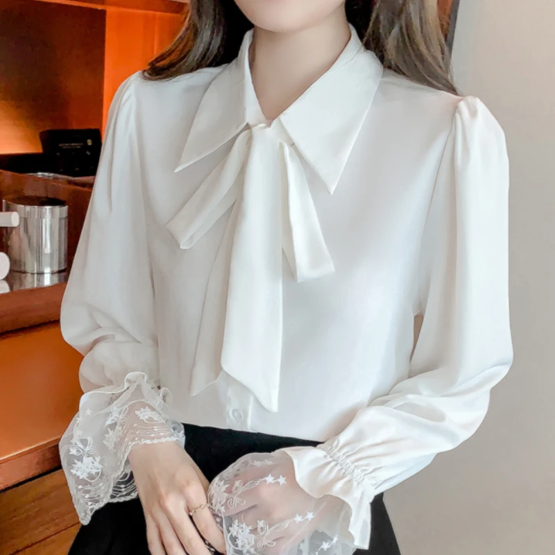 Females Blusas Mujer Fashion Chiffon Blouses for Women Dropshipping Solid Elegant Office Ladies Long Sleeves Tops V-Neck Bow