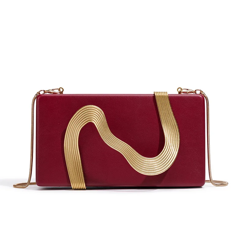 Elegant Hard Box Clutch Bag Wave Metal Handle Faux Leather Evening Purse Detachable Gold Chain Crossbody Handbag