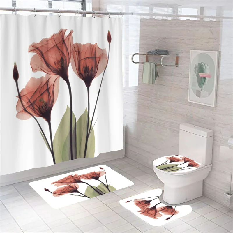 Flowers Print Shower Curtain Nordic Bath Curtain Waterproof Anti-slip Plants Bath Mat Set Bathroom Decorative Carpet Toilet Rugs