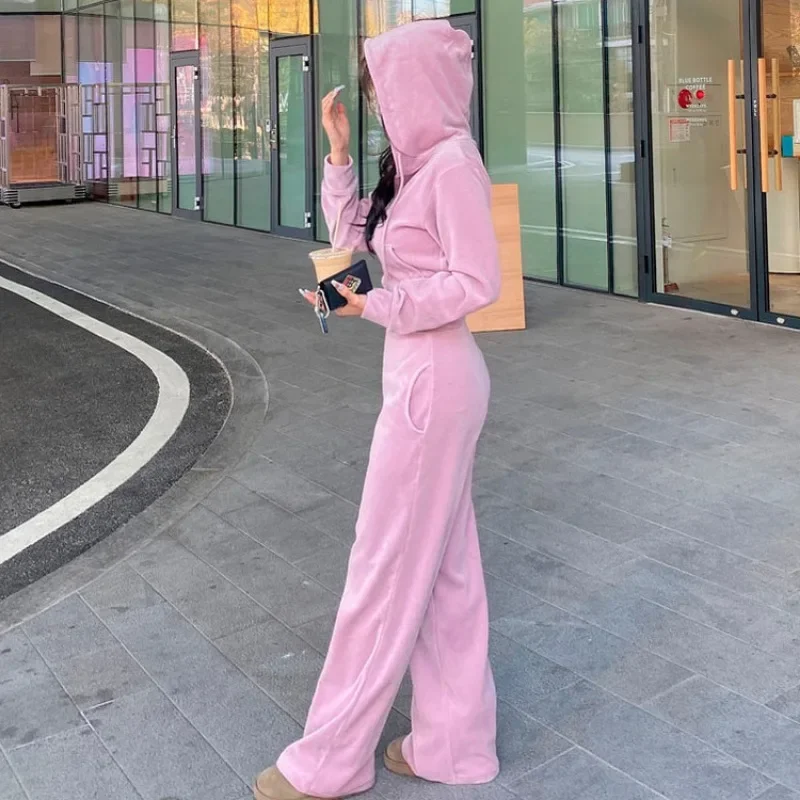 Age-reducing Sets Women Wide Leg Pants Zipper Hooded Hoodies Velvet Two-piece All-match Streetwear Korean Fashion Spring Y2k