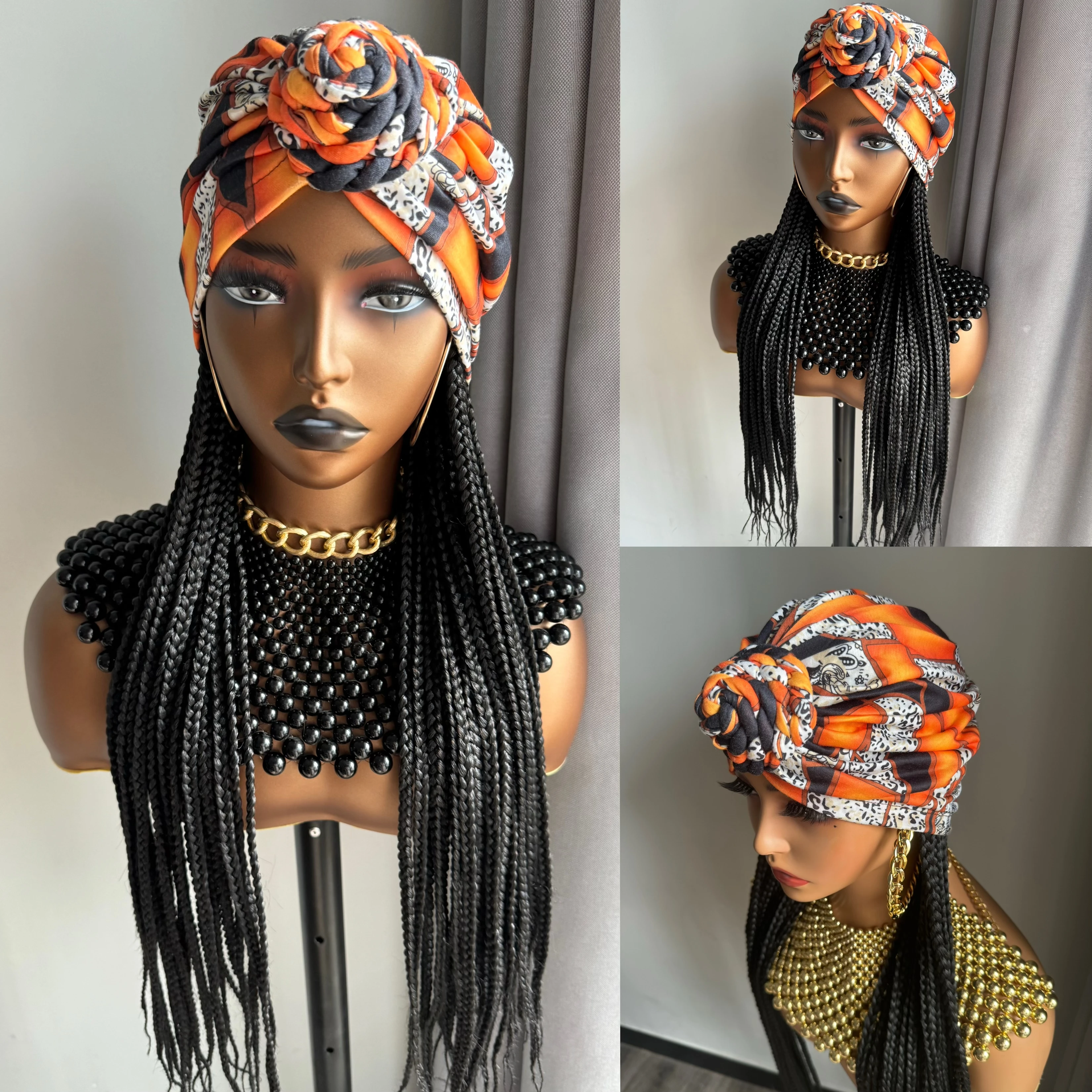WIGERA Long Orange Headband Braided Synthetic Wig With Turban Hat Black Box Braiding Hair Extensions Head Scarf Easy Hairstyle