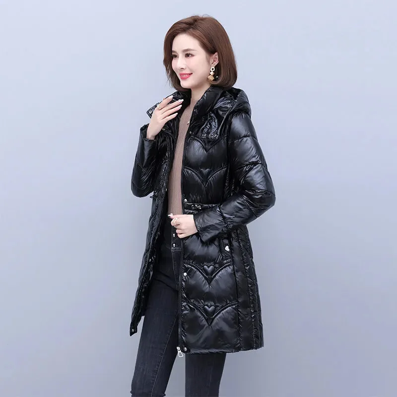 Women\'s Mid Length Wash Free Glossy Cotton Jacket  2023 Winter New Slimming Cotton Jacket Female Korean With Thick Coat Trend