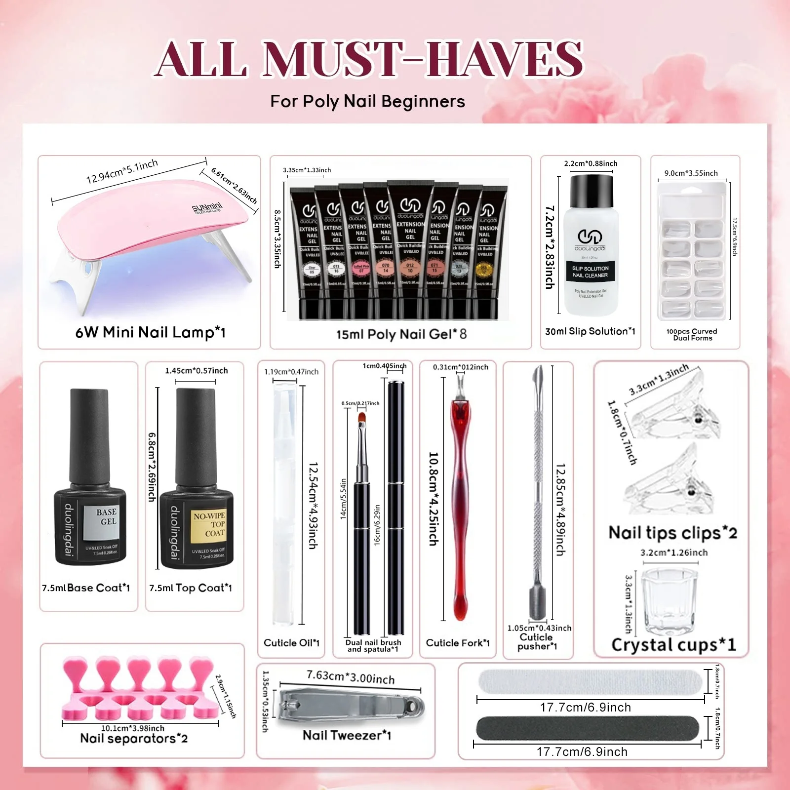 Kit de extensión de uñas de gel de polímero de 24 piezas: 8 colores vibrantes, gel de fibra dura LED/UV de construcción rápida, incluye lámpara de uñas, base y abrigos superiores