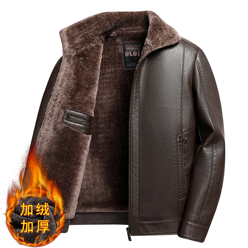 Add Fleece and Thickening Winter Dad Leather Jacket for Middle-aged Grandpa Fur Collar Middle-aged Men's Coat for Warmth