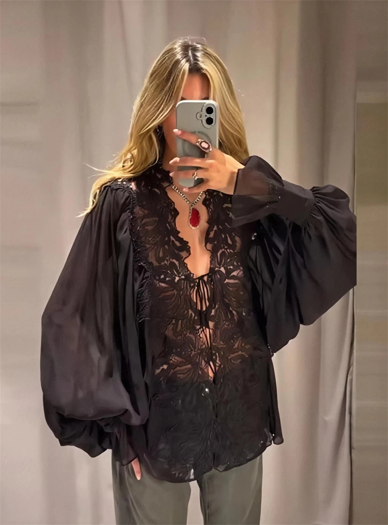 Guobioziy Women's Slim Lace Butterfly Knot Long-Sleeve Shirt 2026 Spring-Autumn New French Casual Fashion Trend Office Street
