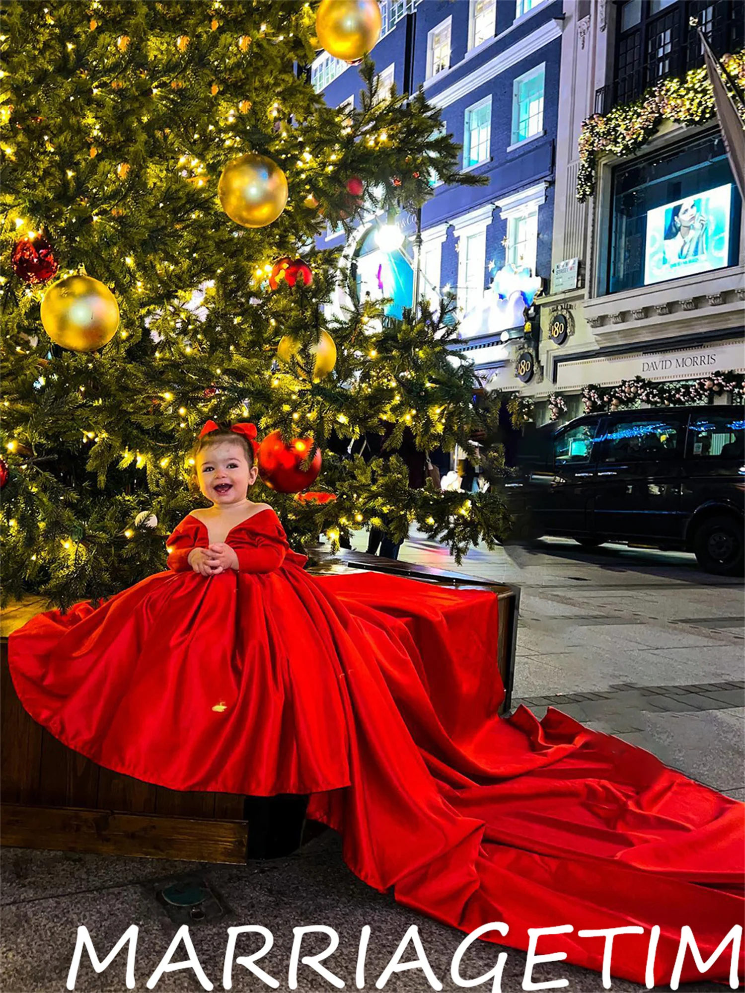 Red Flower Girl Dress with Long Train Girls Princess Wedding Party Dress Girl Birthday Dresses Fashion Girl Vintage Dresses